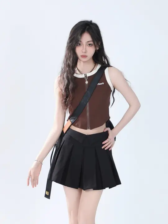 美式ハイストリートスタイル ブラウンジッパータンクトップ【ショート丈・デザイン性あり】