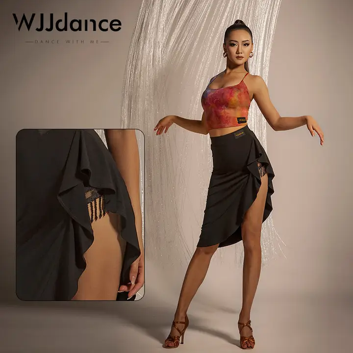 WJJdance レディース ラテン舞用スカート【フリル付き・サイドレース・ビジュー・フリンジデザイン】