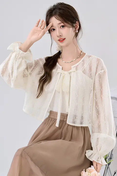 灯籠袖のレースビーチカーディガン【防晒・ショート丈・リボン付き】