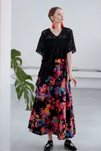 舞花デザインの復古風フレアスカート【ミドルウエスト・夏用・花柄】