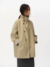 レトロ不均一デザインの立襟トレンチコート【秋用・防風・ゆったりシルエット】