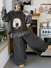 大きいサイズの女性用ファッション 秋季新作 ビンテージ風のゆったりしたハリネズミベスト【チェックシャツ・ランタンパンツ付き】（セットアップ対応）
