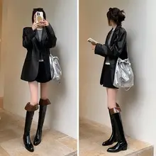 真皮製の粗めヒールのオーバーニーブーツ【折り返し可能・ライダース風・秋冬用】（セットアップ対応）