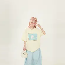 かわいい犬プリントのラウンドネックTシャツ【グレー・短袖・夏用・女性用】