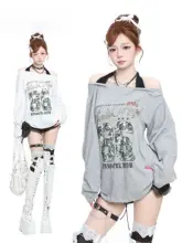 オフショルダー長袖Tシャツ【カジュアル・プリント・春用・デザイン性あり】