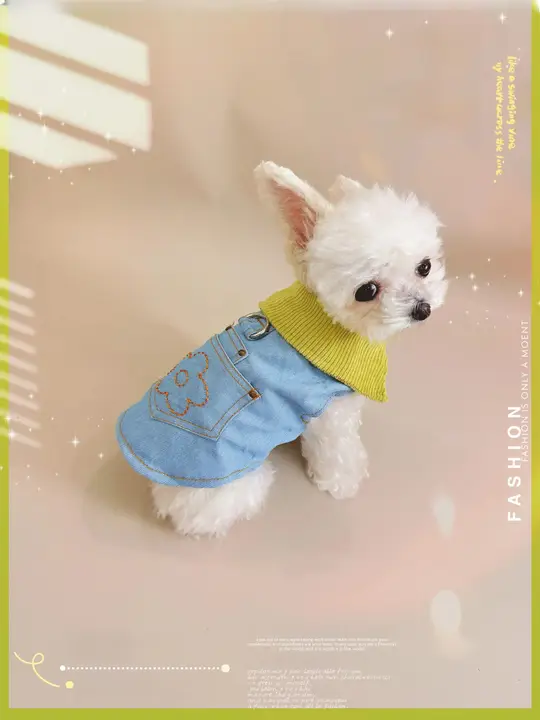 デニム風花柄刺繍ポケット付き小型犬猫用翻領パーカー【春秋用・リード付き】