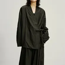 新中式デザインの交差リボン付き長袖シャツ【快適なドレープ感・ワイドパンツ】（セットアップ対応）