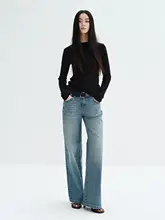 レディース 低腰デザイン ビンテージブルー デニムパンツ【ストレート・ワイドレッグ・ストレッチ素材】