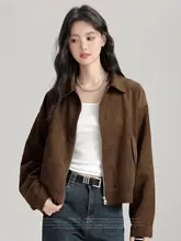 ブラウンのレトロ調フェイクスウェード翻リブジャケット【春用・ジッパー付き・女性用】