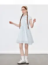 ブルー＆ホワイトチェックのウエスト絞り長袖シャツワンピース【学院風】（セットアップ対応）