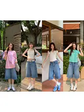 ヴィンテージ風浅ブルー広がりパンツ【夏用・フィット・ハーフパンツ】（セットアップ対応）