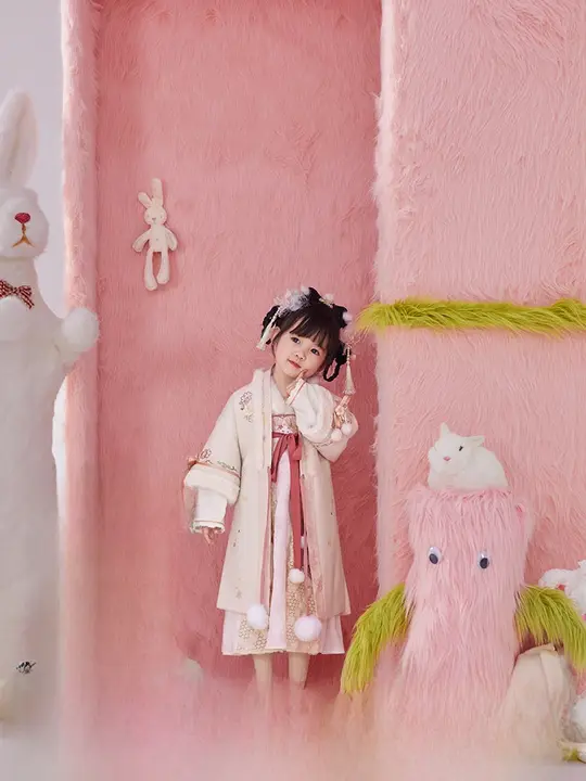 冬用 女の子着物風刺繍入り半袖トップスとスリップスカート【国風デザイン・柔らかい素材】（セットアップ対応）