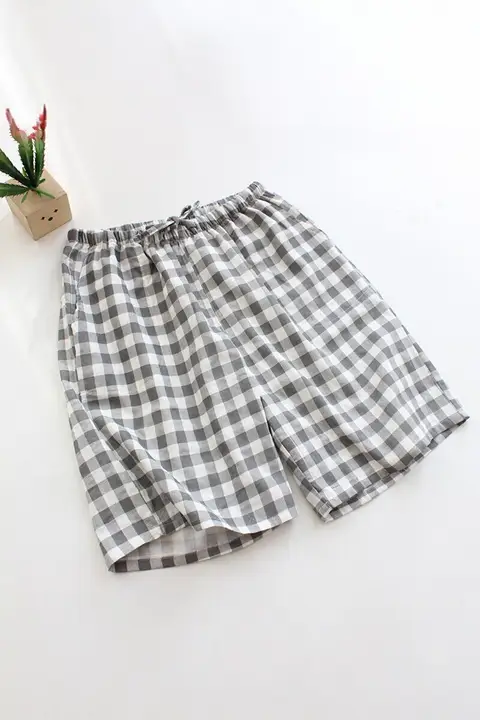 夏用コットンカップルショートパンツ【全棉・ダブルガーゼ・チェック柄・薄手・ルームウェア＆外出用】（セットアップ対応）