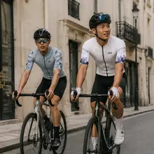 LAMEDA 夏用サイクリングウェア【半袖トップス・長袖ショーツ・背面ストラップ・二重矢印デザイン】（セットアップ対応）