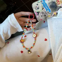 手描きリンゴデザインのビーズ携帯電話ストラップ【可愛いペンギンぬいぐるみ・赤色・防紛失用】