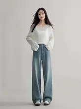 小柄向けブルー直筒デニムパンツ【春秋用・ハイウエスト・ワイドレッグ・ロング丈】