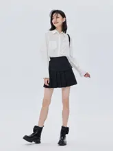 学院風ボタンデザインの百褶短裙【ハイウエスト・防透け・黒・Aライン】（セットアップ対応）