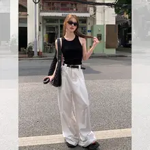 高腰ホワイトワイドレッグパンツ【夏季用・フィット・ロング丈】
