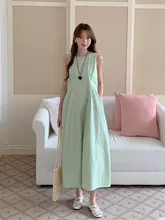 優雅なリゾート風プリーツノースリーブワンピース【Aライン・夏用・韓国風】