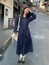深い青の長袖デニムシャツワンピース【ウエストマーク・秋用】