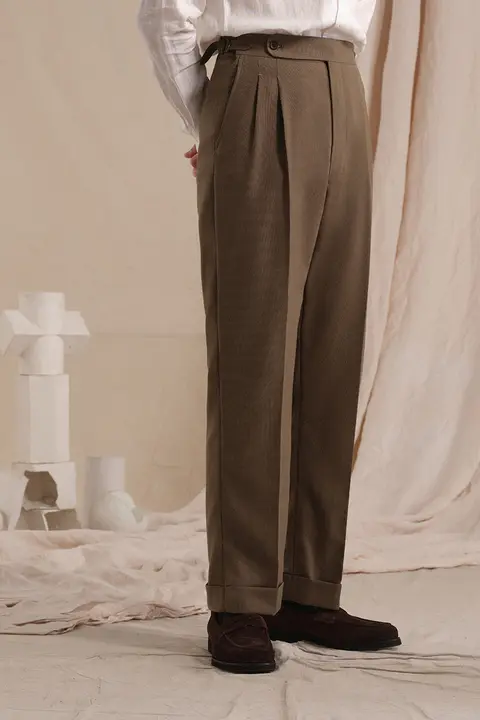 クラシックスタイル リネン混紡 男性パンツ【通気性・ブラウン・強撚素材】