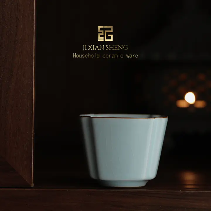 天青汝窯 四角型茶杯セット【高級陶器・ペア・ギフトボックス入り】