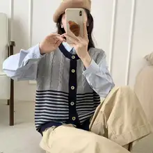 レトロカラーコンビネーションストライプニットベスト【女性用・秋冬用・重ね着スタイル】