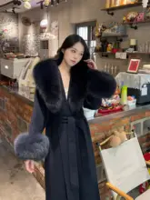 フェイクファー付き ツイード風 ダブルフェイスウールコート【中長丈・ウエストリボン・スタイリッシュ】