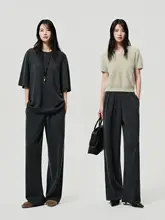 CHANDOOIVY ヘンリーネック長袖シャツ【オーストラリアウール・2枚重ね風デザイン】& エアパンツ【プリーツ加工】