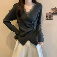デザイン重視の交差Vネックレース切り替えニットトップス【春・ぷらすサイズ・スリム効果・女性用】