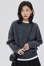 デザインの厚手ニットプルオーバー【深灰色・クルーネック・ゆったりフィット・秋用】