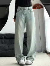 ビッグサイズ レディース デニムパンツ【ワイドレッグ・ストレート・春秋用・装飾ビジュー】