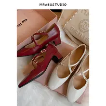 真皮製 ボルドーカラーのクロスベルトマリジェンシューズ【ローヒール・ドレススタイル】