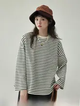 ストライプデザインの長袖Tシャツ【女性用・ラウンドネック・春秋用・フィット】