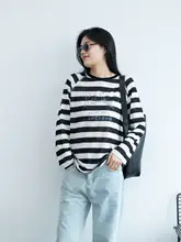 竹節綿のシンプルなレトロ風ロングスリーブTシャツ【ワイドストライプ・体型カバー】