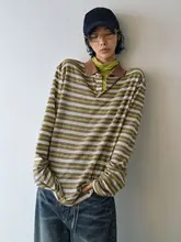 ポロカラーTシャツ レディース 長袖 トップス ストライプ柄 アメカジ ヴィンテージ ルーズ ミディアム丈 春 秋