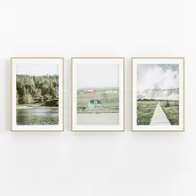 小清新デザインの三連壁掛けアート【緑の風景・リビング・バスルーム用・装飾画】（セットアップ対応）