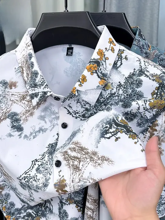 国風デザインの短袖花柄シャツ【夏用・男士用・フィット】