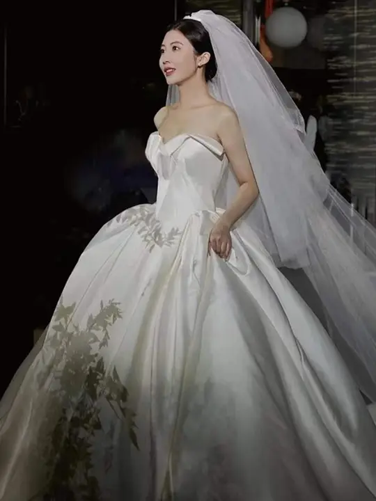 花嫁の結婚式用ロングトレインドレープドレス【シンプルなチュール・ロングベール・アウトドアイベント】