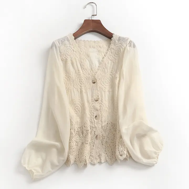 春用リボンデザインの透かしレースカーディガン【Vネック・長袖・女性用】