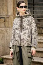 フランス風短丈通勤トレンチコート【レトロプリント・長袖・フード付き】