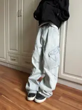 アメリカンヴィンテージ風 褶皺デザイン 多ポケットカーゴデニムパンツ【ユニセックス・ストレート・フィット・カジュアル】