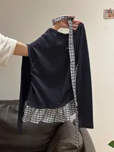 斜め肩デザインのフリル付きチェック柄長袖トップス【ウエスト絞り・軽やかなリボン】