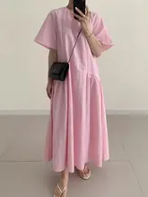 夏用ゆったりシンプルドレス【ラウンドネック・パフスリーブ・ティアードデザイン】