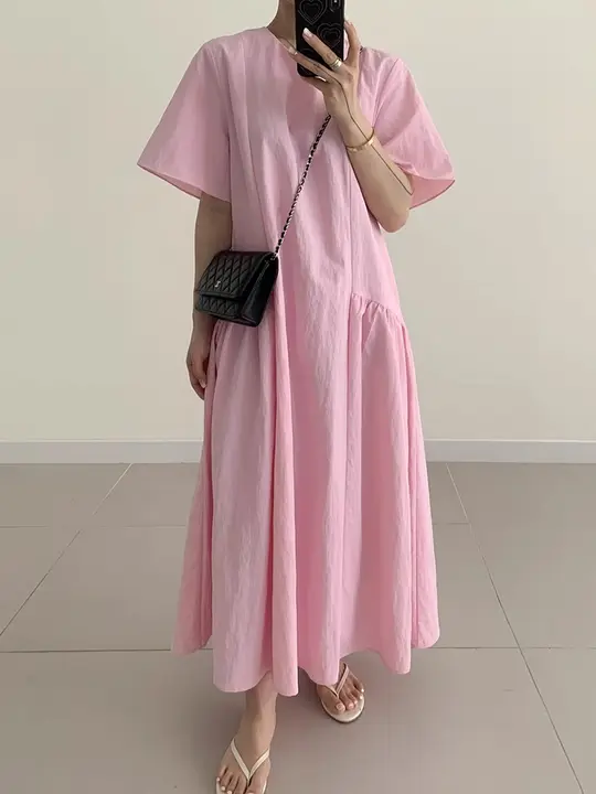 夏用ゆったりシンプルドレス【ラウンドネック・パフスリーブ・ティアードデザイン】