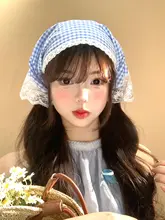 格子デザインのレースエッジヘアスカーフ【春夏用・ビーチ撮影・ヘアバンド】