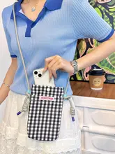 チェック柄の翻蓋スマホバッグ【ブルー・斜め掛け・多機能】