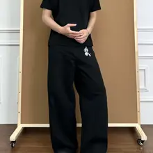 プリーツデザインのブラックワイドデニムパンツ【カジュアル・バギータイプ】（セットアップ対応）