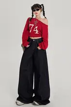 ヴィンテージ風 ワイドレッグ 加工デニムパンツ【女の子向け・極上の柔らかさ・ロング丈】