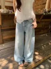 アメリカンヴィンテージ風 浅青のワイドレッグデニムパンツ【女性用・フィット・ドラッグレングス】